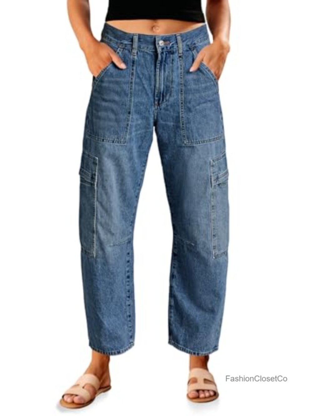 High Waisted Baggy Barrel Jeans Women's Cargo Denim Pants 6 Pockets
